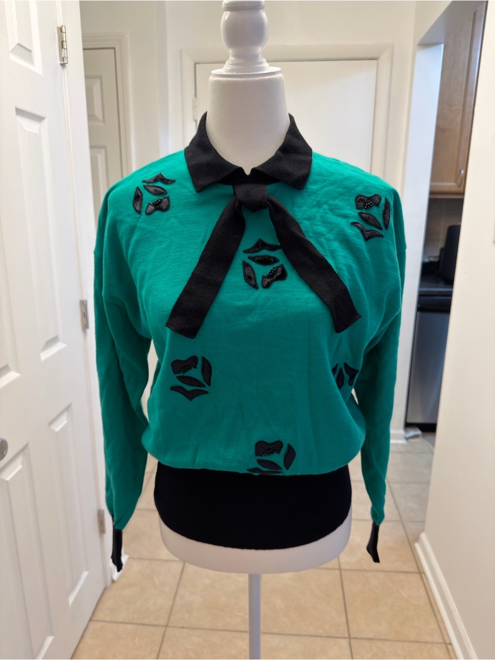 Vintage Escada Teal Knit Sweater with Black Collar & Bow